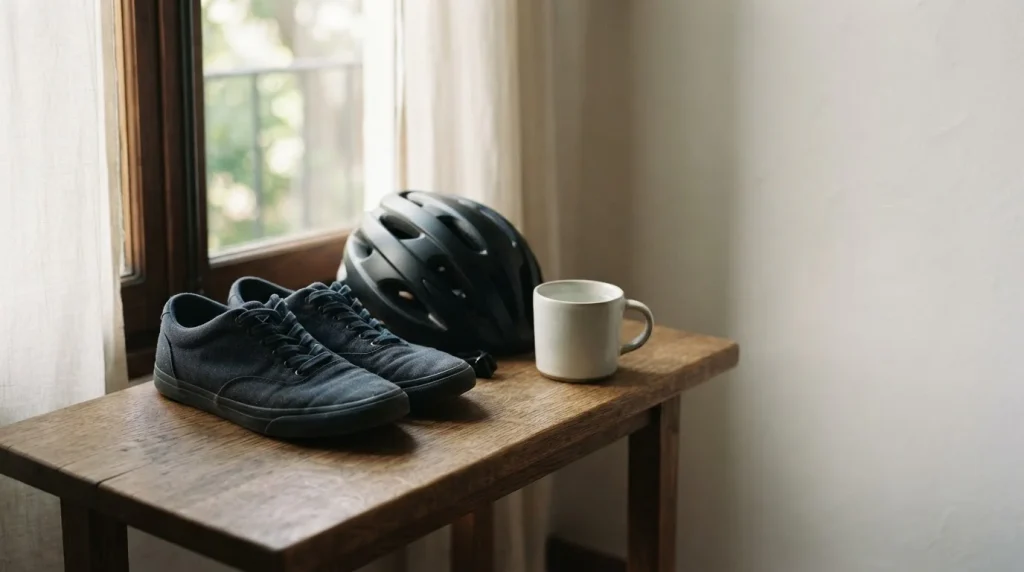 Sportschuhe und Fahrradhelm neben einer Tasse auf einem Regal