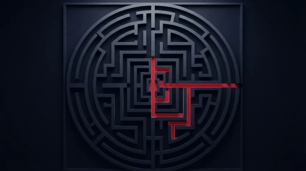Labyrinth aus erhöhten Wänden mit einem markierten Weg nach außen