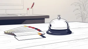 Tischglocke neben farbigen Karteikarten auf einem Schreibtisch