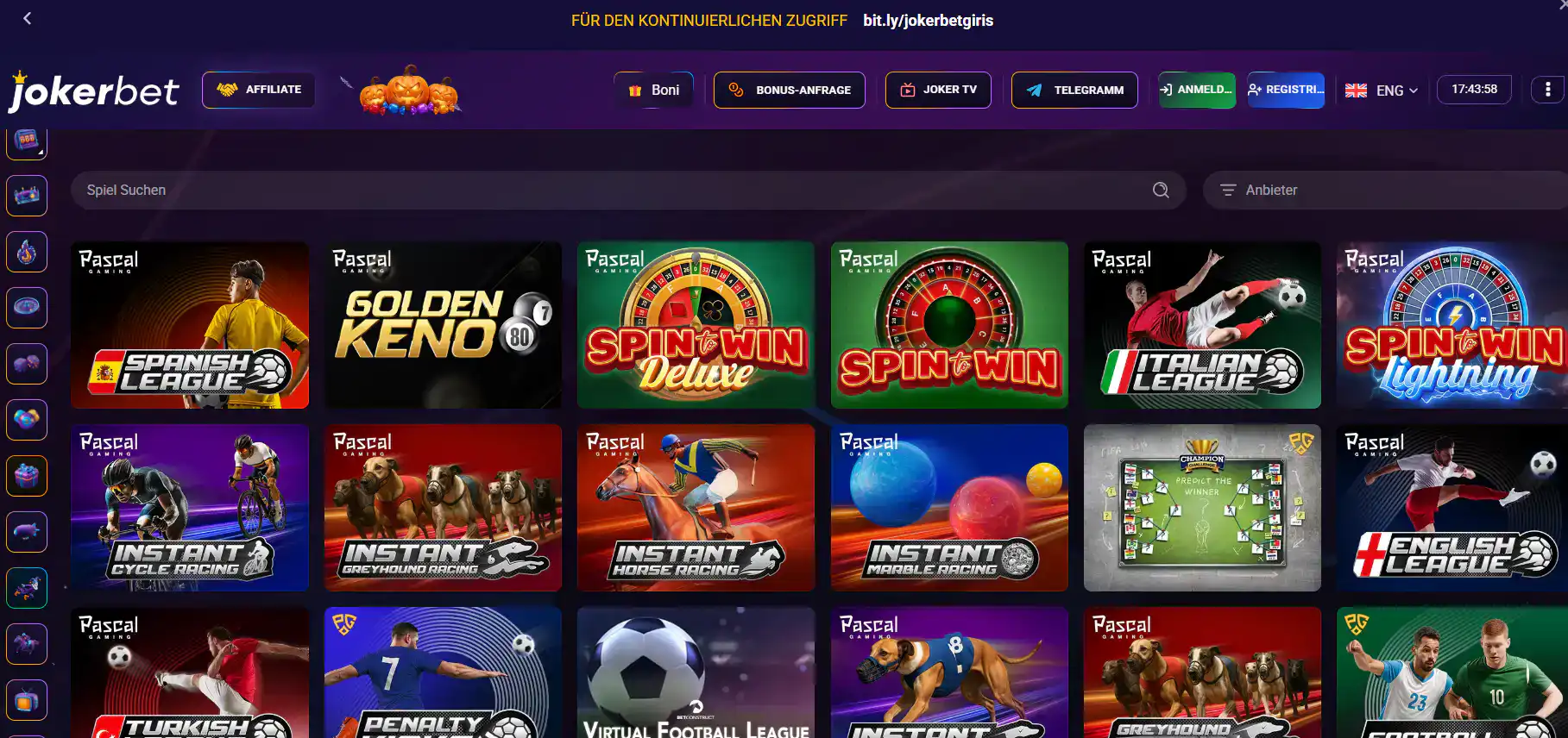 Navigation für virtuelle Sportarten im Bereich der Jokerbet Webseite